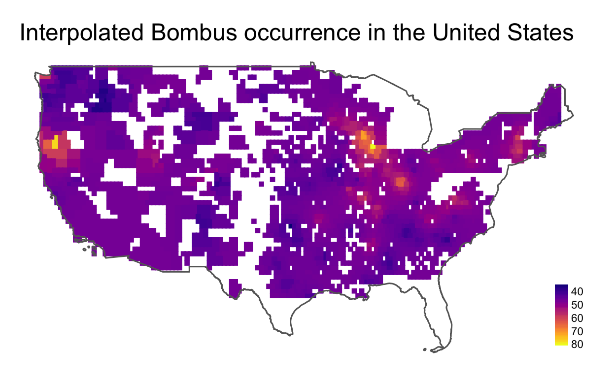 This map represents mean bumblebee occurence by county based on spatial interpolation of the USBombus dataset. Only counties represented in the analysis are included.